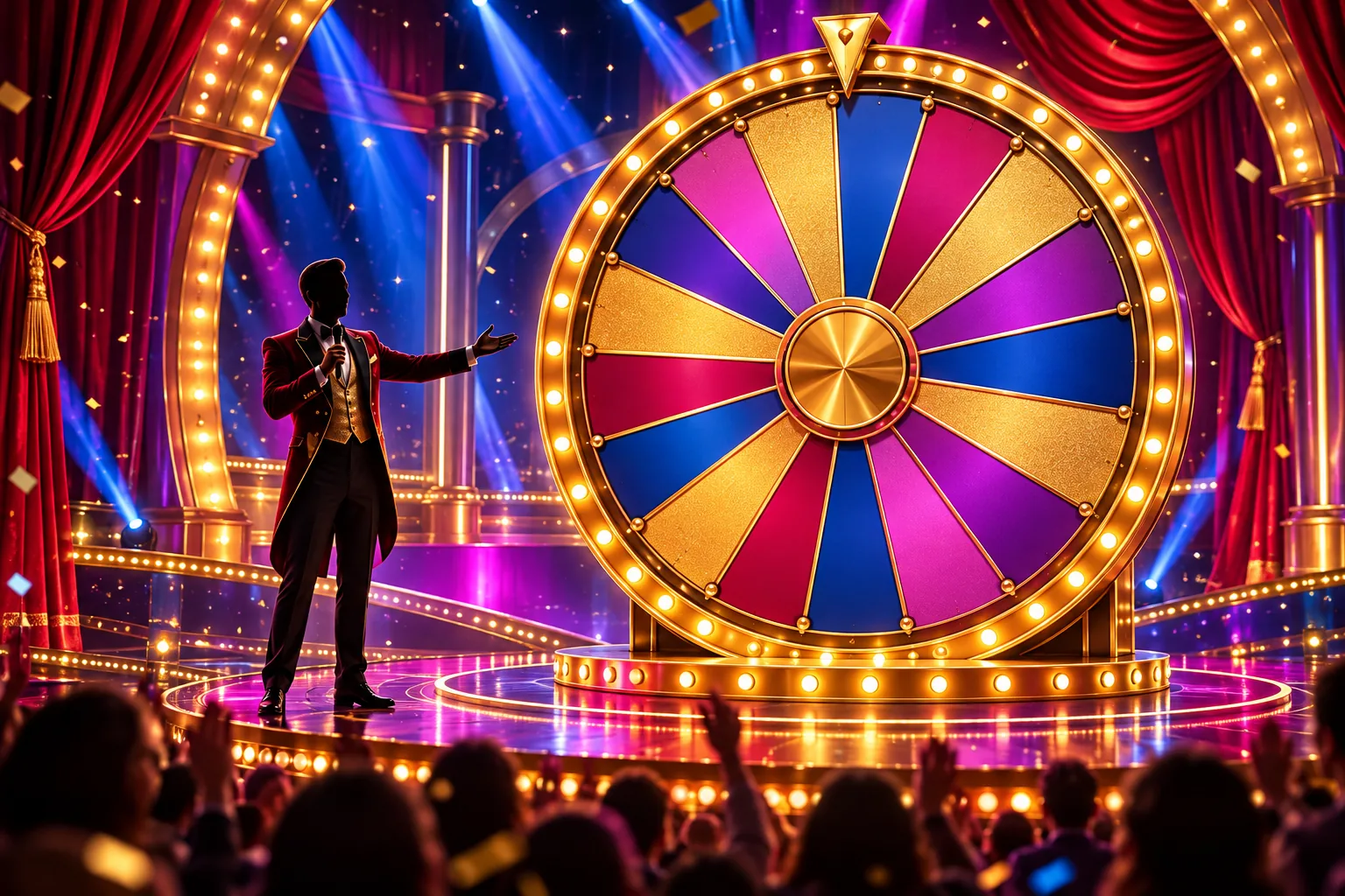 Original theatrical prize wheel stage with blank colourful segments