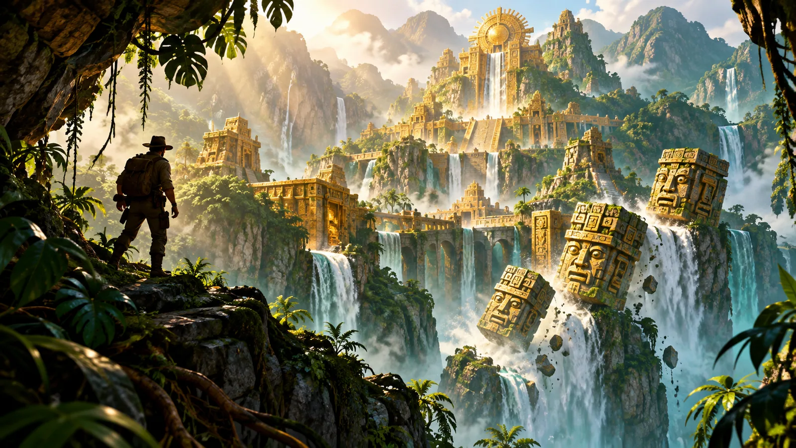 Original jungle expedition overlooking a lost golden citadel