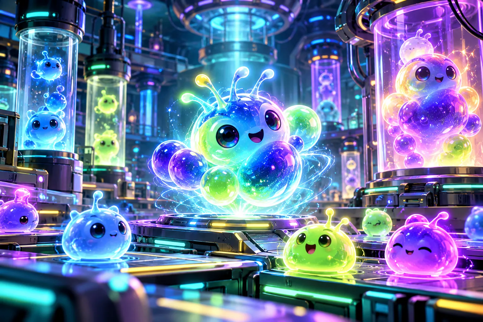 Original neon laboratory filled with playful electric creatures